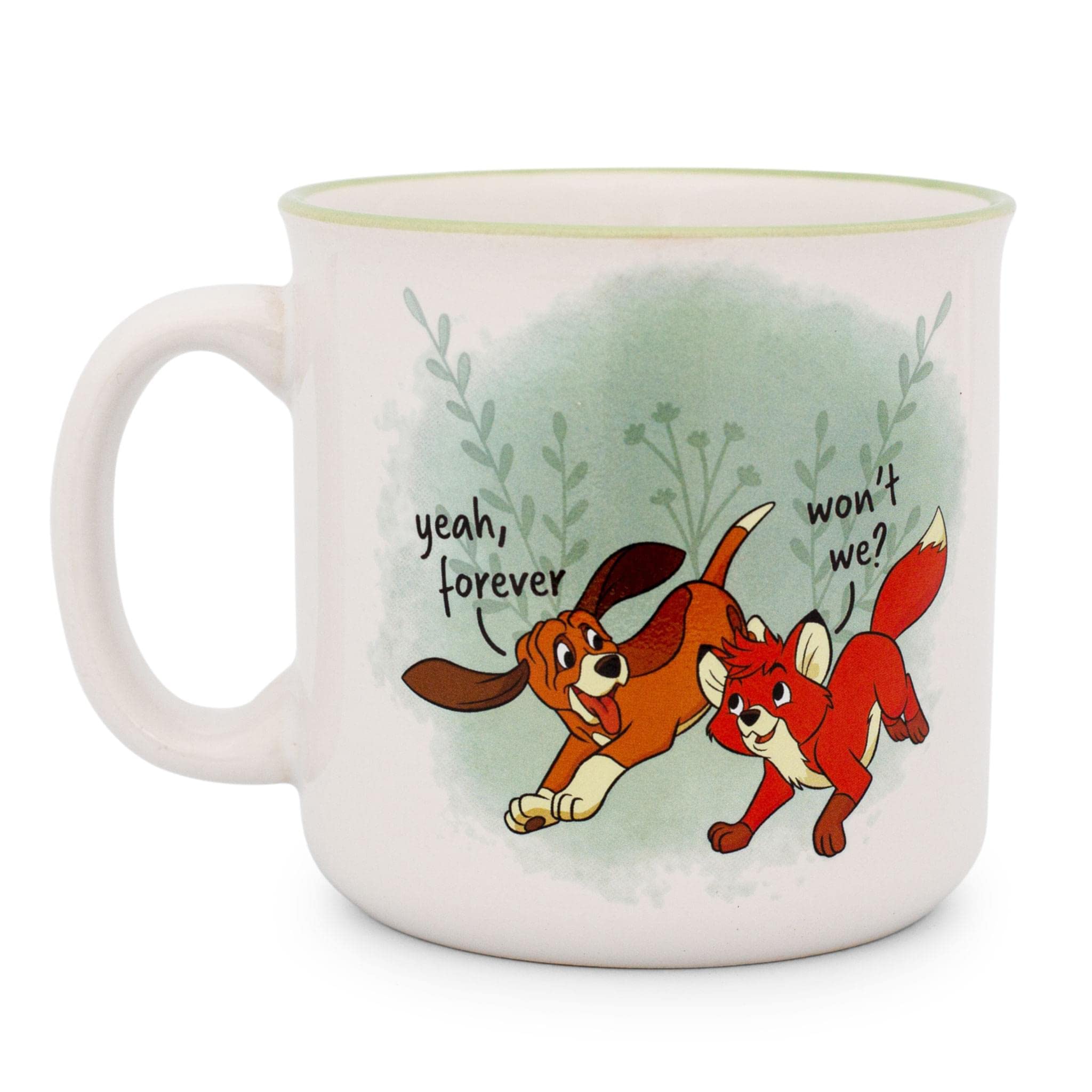 Silver Buffalo camper mug front scene with Todd and Copper, cozy morning brew