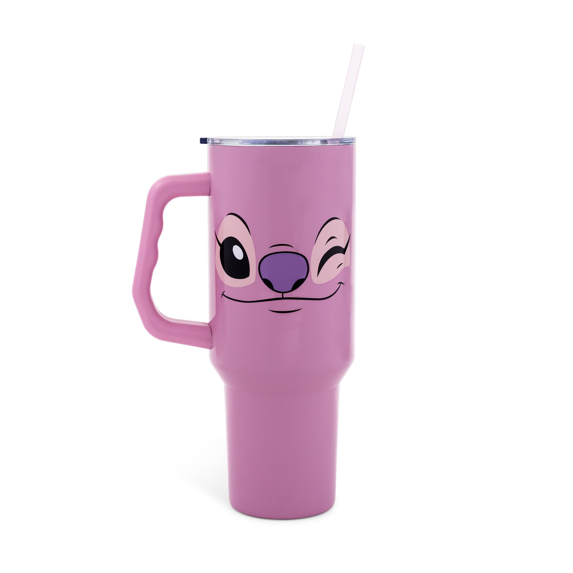 Angel Face lid on Silver Buffalo tumbler prevents spills during travel.