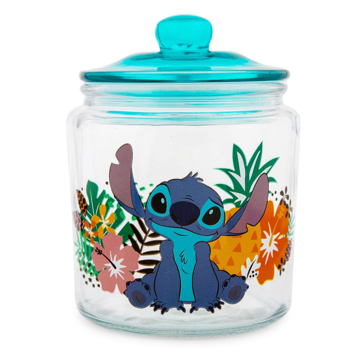 Silver Buffalo Disney Lilo Stitch glass snack jar with blue lid keeps snacks fresh.