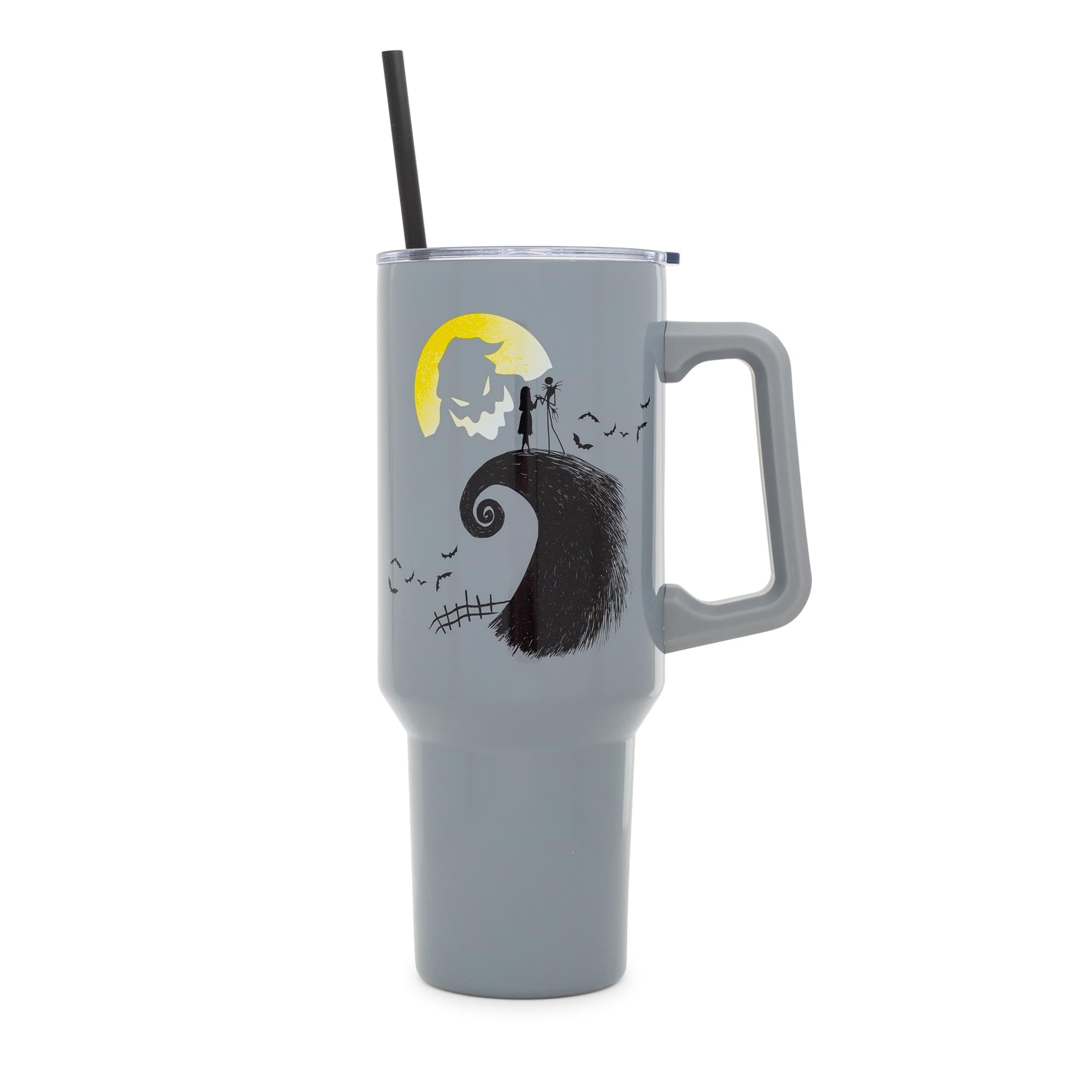Silver Buffalo tumbler features Oogie Boogie moon; great for cold or hot beverages.