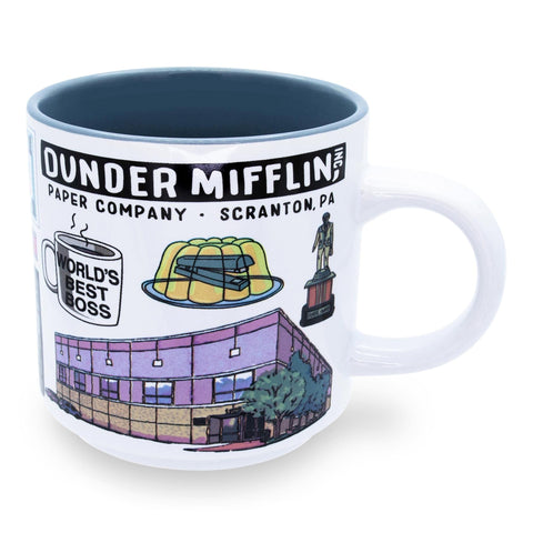 Silver Buffalo Dunder Mifflin building icon complements workspace décor while enjoying tea.