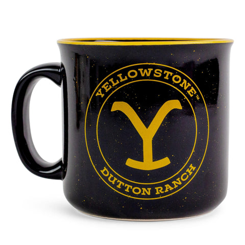 Silver Buffalo mug logo detail highlighting Dutton Ranch branding on a rugged cup.