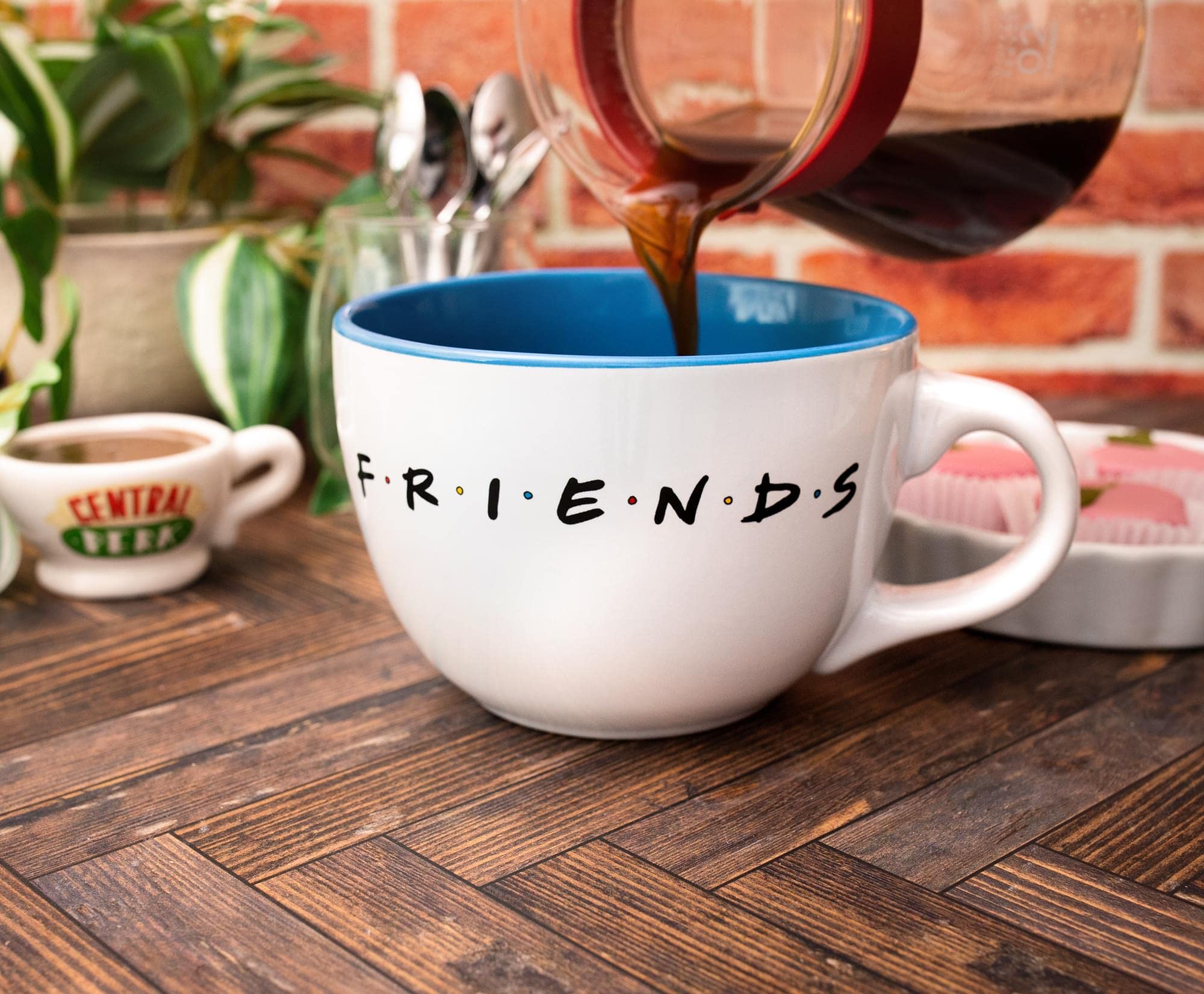 Silver Buffalo Friends Doodle Logo soup mug, microwave-safe for quick reheats.