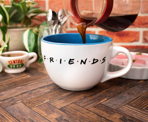Silver Buffalo Friends Doodle Logo soup mug, microwave-safe for quick reheats.