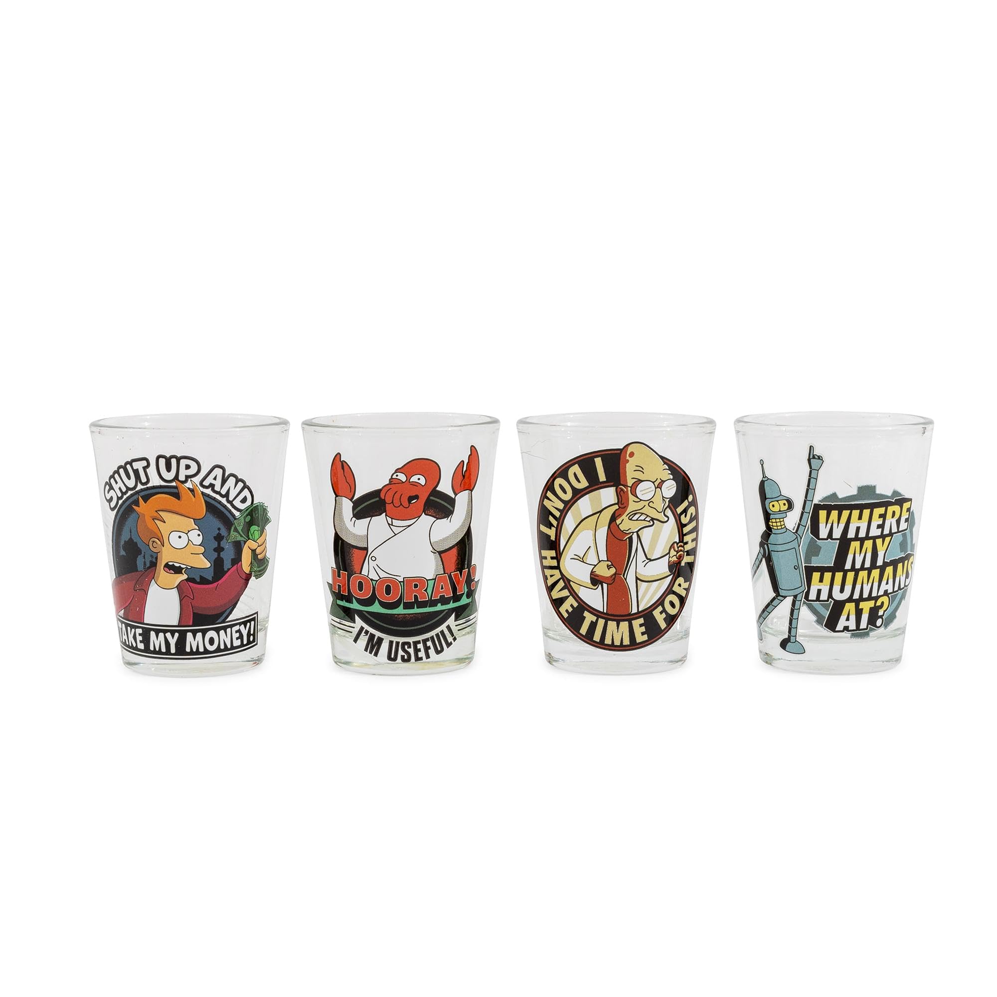 Silver Buffalo Futurama shot glass featuring Bender quote for playful toasts.