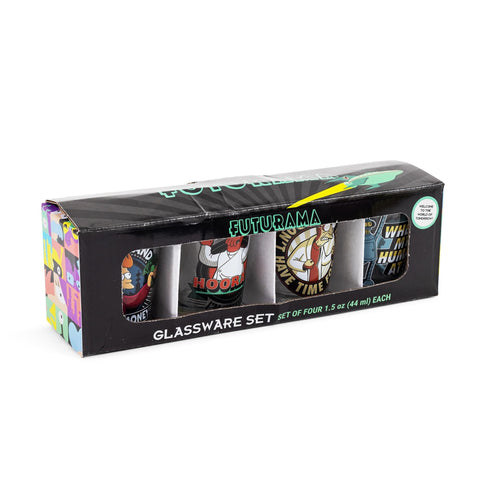Silver Buffalo Futurama shot glass featuring Farnsworth quote for sci-fi fans.