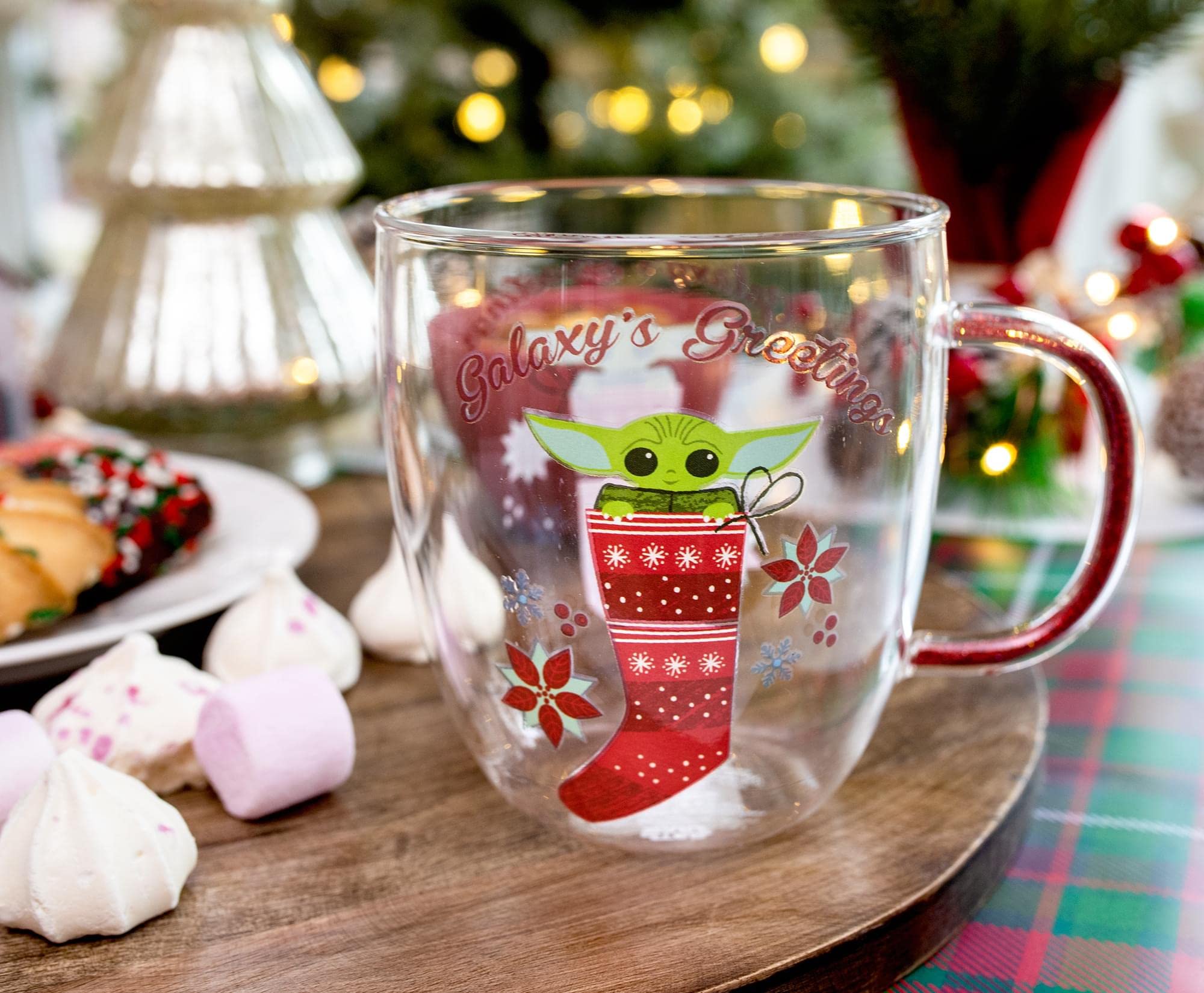 Galaxy's Greetings holiday mug by Silver Buffalo with glitter handle.