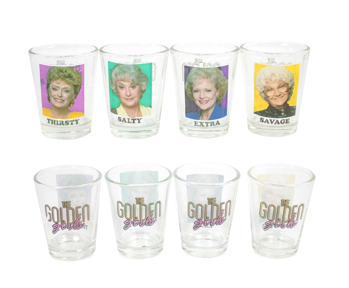 Silver Buffalo Golden Girls mini glass showing logo and portrait, ideal for home bar display.
