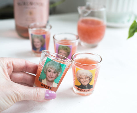 Silver Buffalo Golden Girls Rose Extra mini glass portrait adds playful mood.