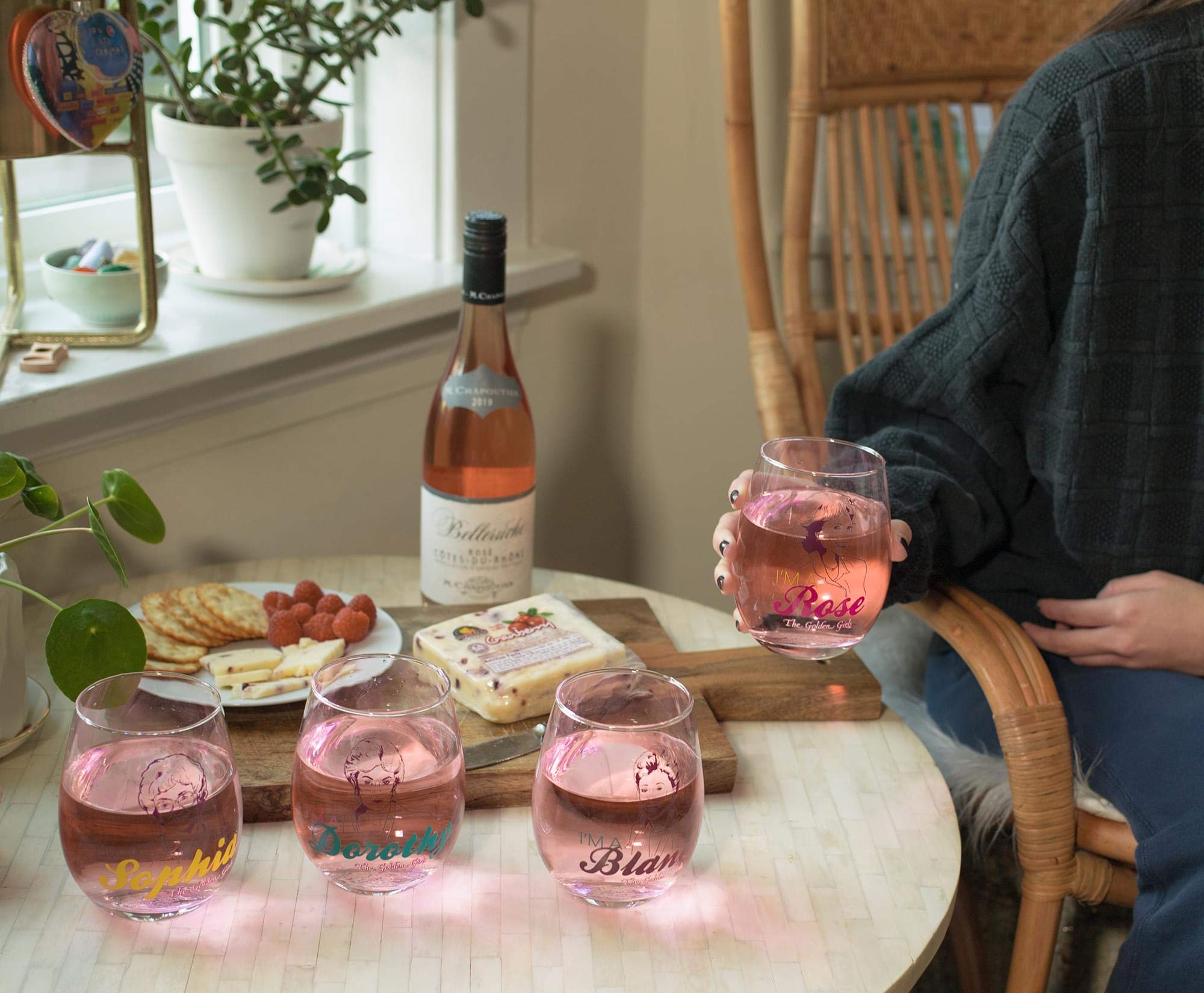 Silver Buffalo Golden Girls Rose stemless wine glass portrait for cozy viewing nights