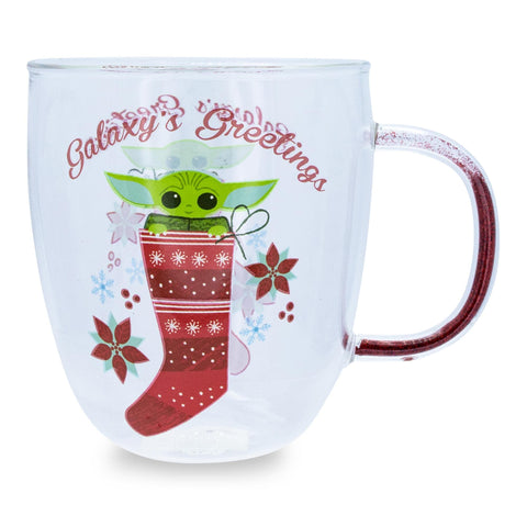 Silver Buffalo Grogu glitter mug with handle 14oz, festive coffee moment.
