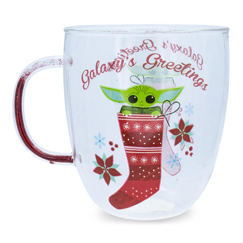 Grogu in stocking scene on a Silver Buffalo glass mug.