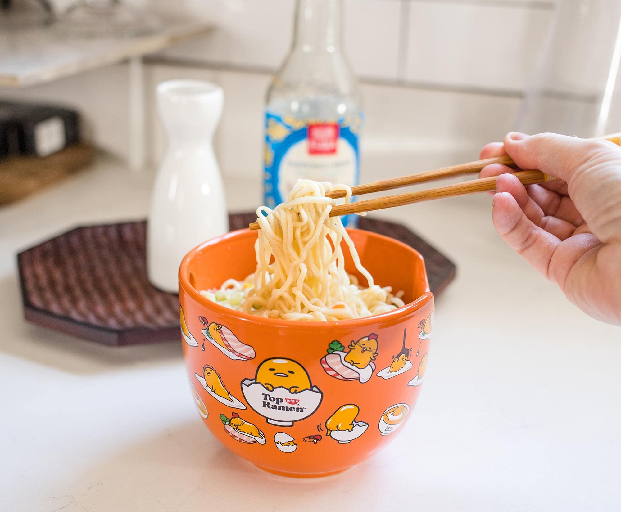 Microwave-safe Gudetama dishware for quick reheats.