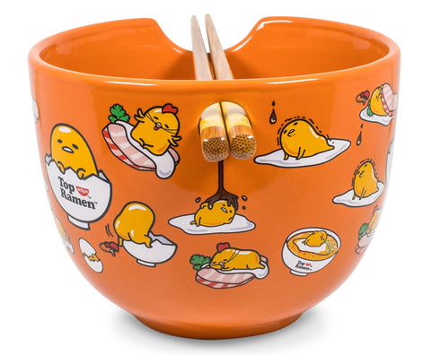 Gudetama ramen bowl with wooden chopsticks for easy dining.