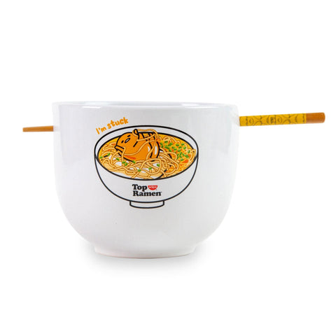 Silver Buffalo Gudetama relaxing on noodles bowl adds playful vibes to casual dinners.