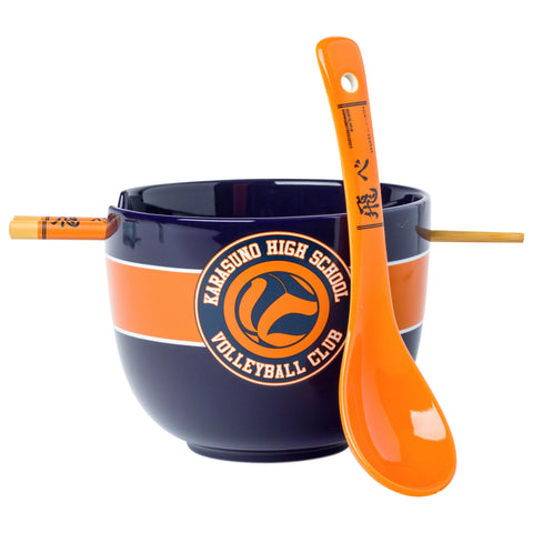 Silver Buffalo Haikyu Karasuno ramen bowl set with chopsticks, ideal for themed dinners.