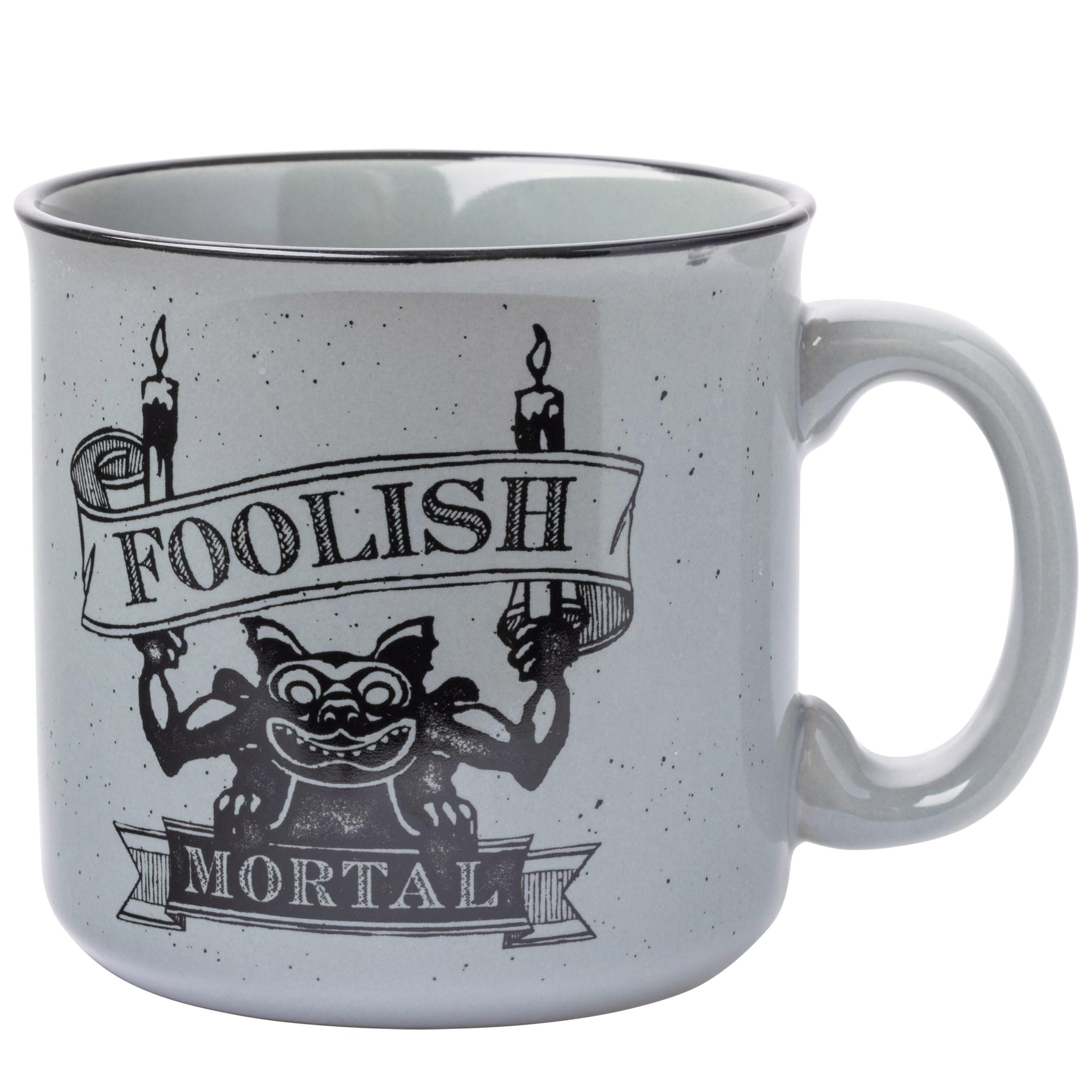 Silver Buffalo Haunted Mansion mug front view featuring Foolish Mortal text for fans.