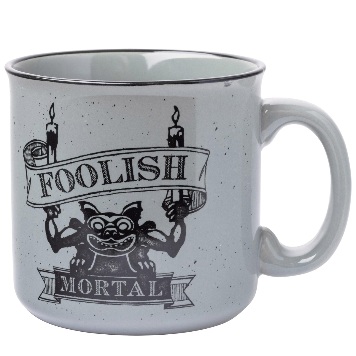 Silver Buffalo Haunted Mansion mug front view featuring Foolish Mortal text for fans.