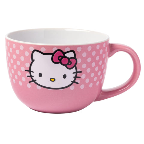 Silver Buffalo Hello Kitty face mug, front view, ideal for large morning coffees.