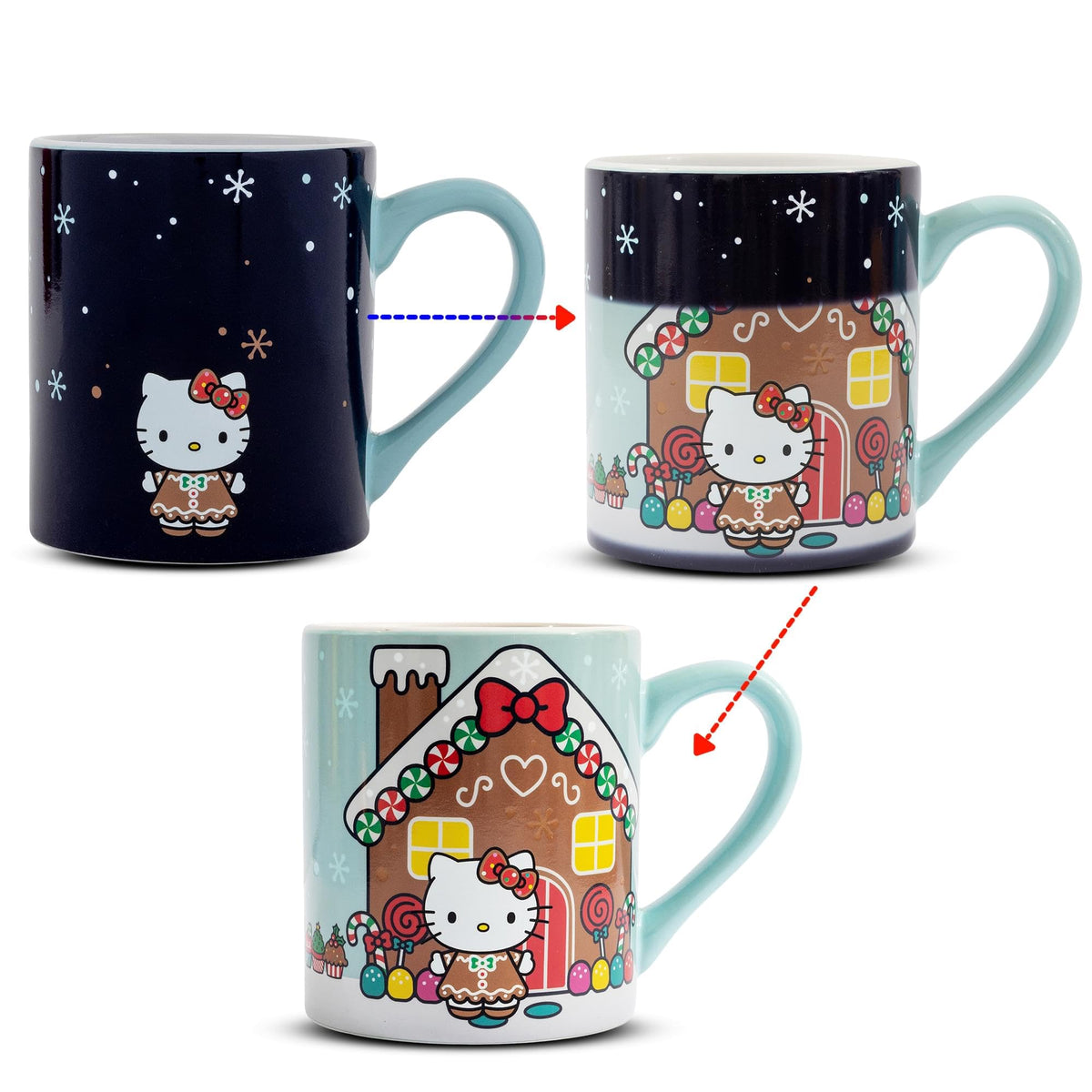 Silver Buffalo Hello Kitty gingerbread house mug reveals a cozy scene when hot liquid is added
