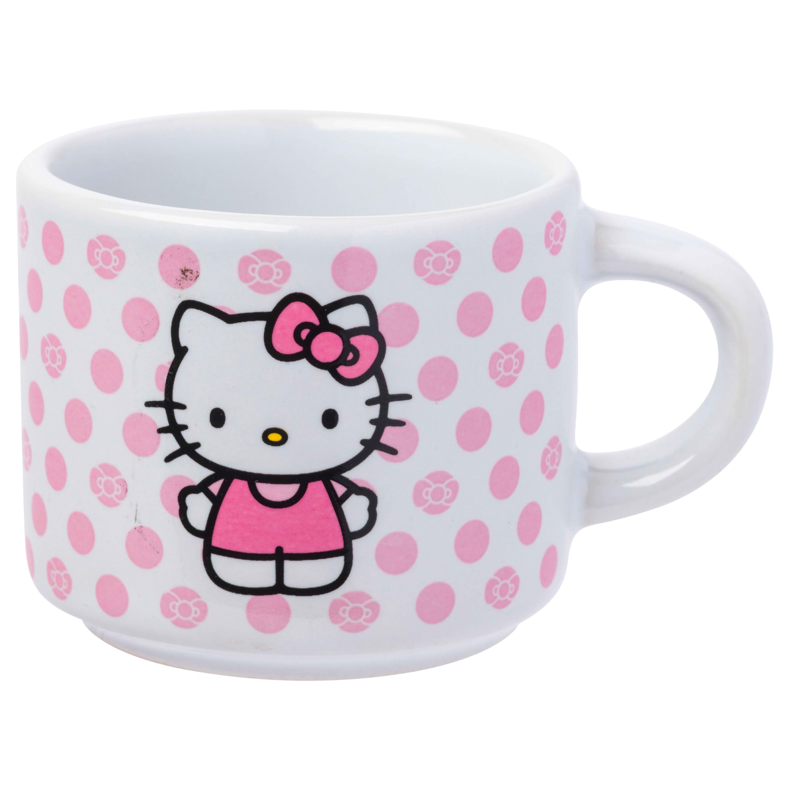 Stacked Hello Kitty mugs on compact rack for easy storage.