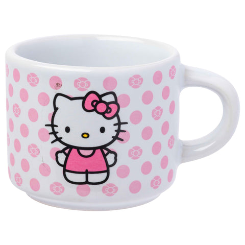 Stacked Hello Kitty mugs on compact rack for easy storage.