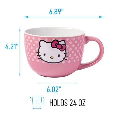Silver Buffalo Hello Kitty polka dots mug with pink background for tea breaks.