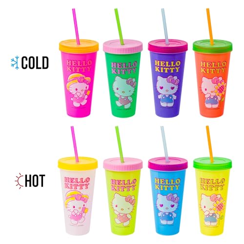 Silver Buffalo Hello Kitty pink tumbler color-change feature for on-the-go drinks.
