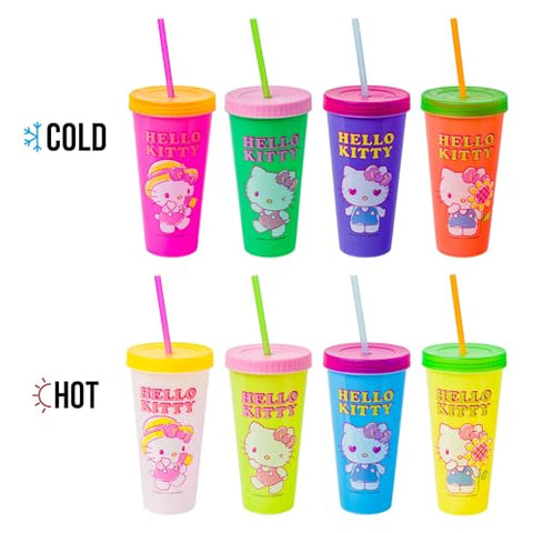 Silver Buffalo Hello Kitty pink tumbler color-change feature for on-the-go drinks.
