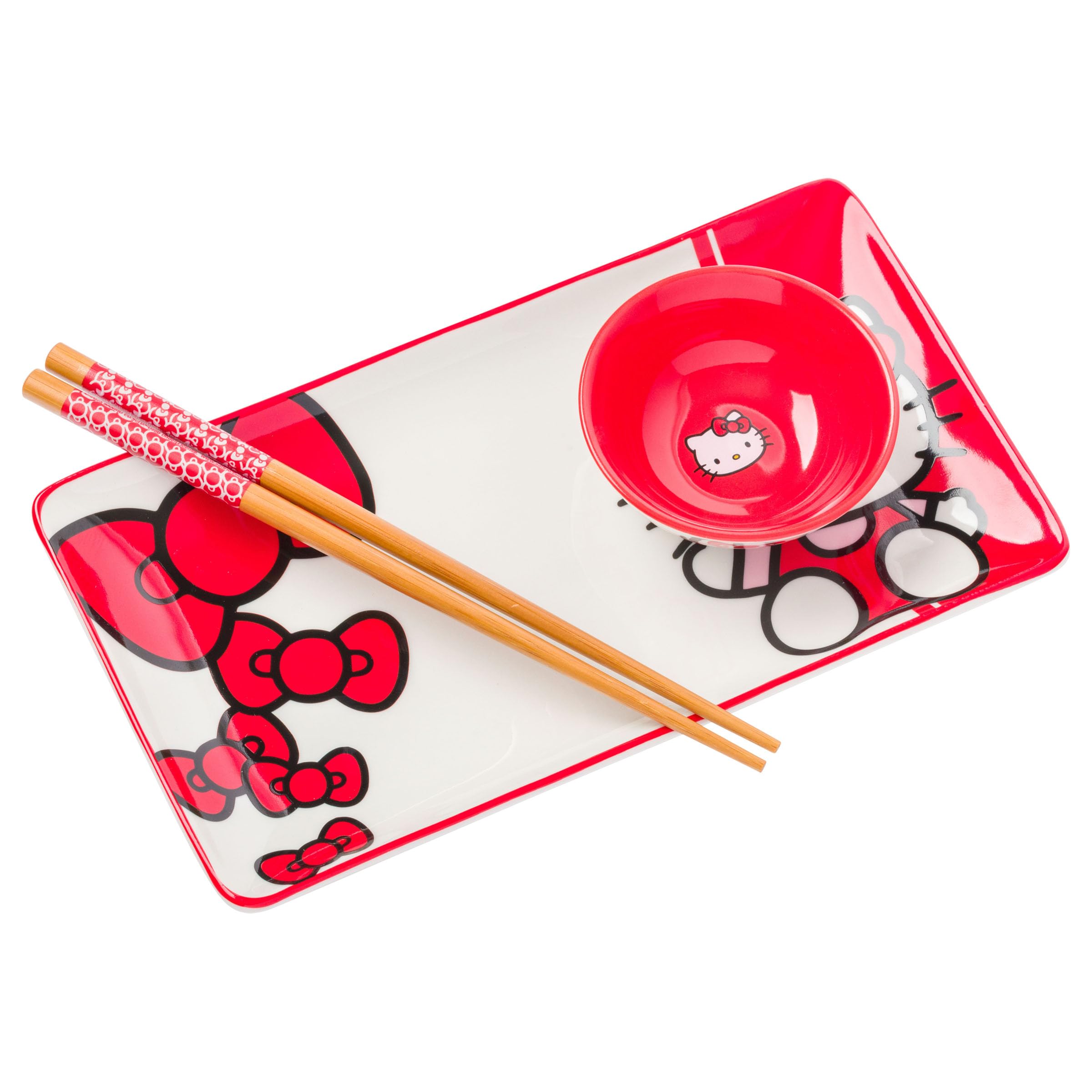 Silver Buffalo Hello Kitty sushi plate with red bow for fun dinners.