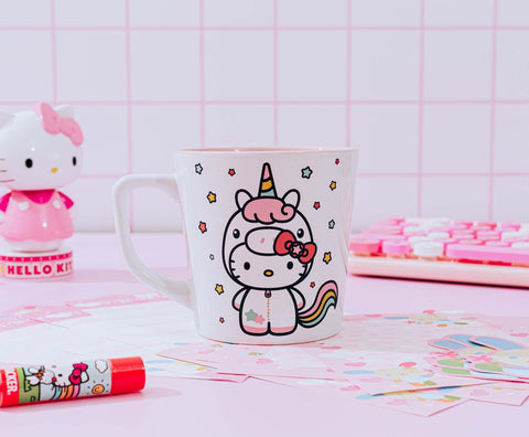 Silver Buffalo Hello Kitty Unicorn mug with pastel rainbow mane enhances latte rituals.