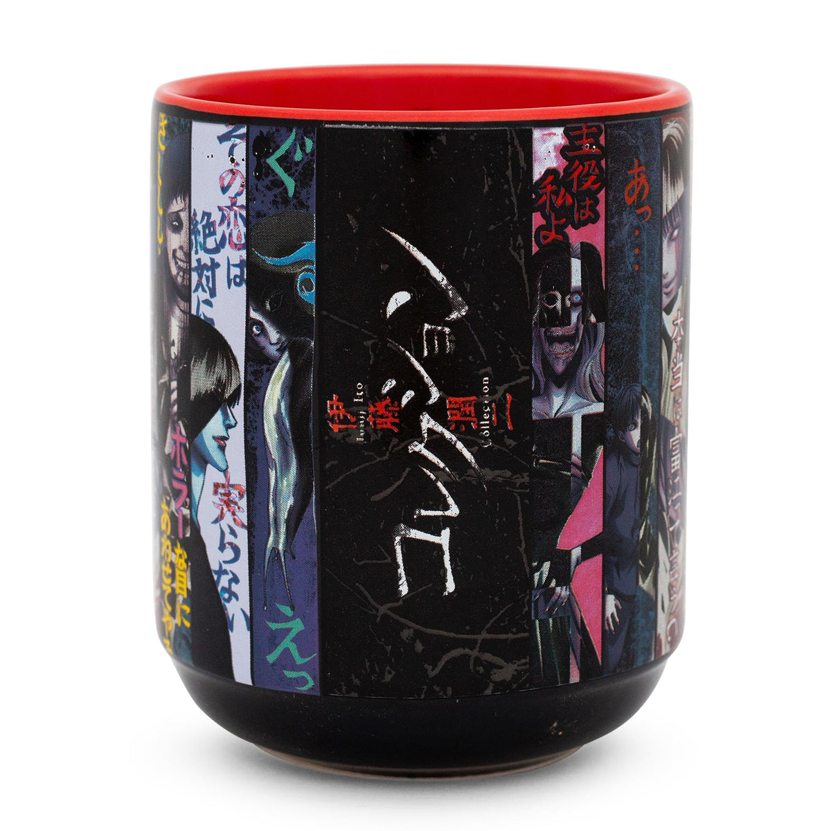 Silver Buffalo Junji Ito teacup front view with horror-inspired panels for immersive tea-time reading.