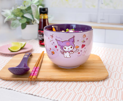 Silver Buffalo Kuromi chopsticks laid beside bowl for easy dipping.