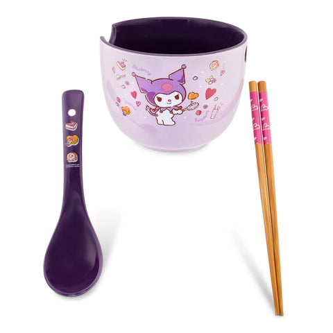 Silver Buffalo Kuromi ramen bowl and wooden chopsticks for a bold dining experience.