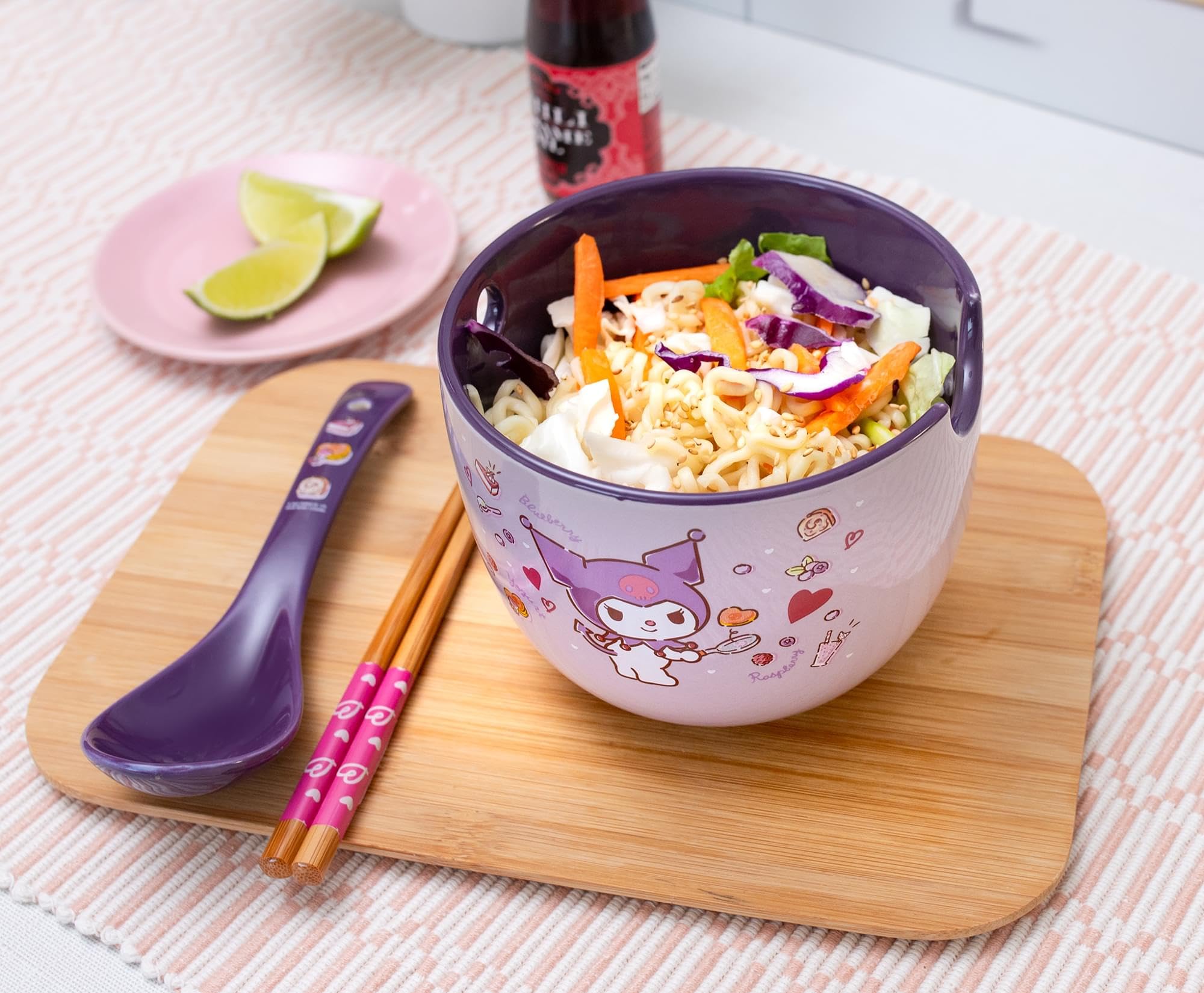 Silver Buffalo Kuromi ramen set in microwave-friendly ceramic presentation.