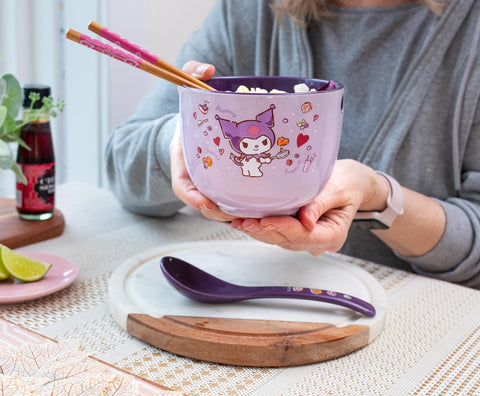 Silver Buffalo Kuromi bowl and spoon set for top-rack dishwasher convenience.