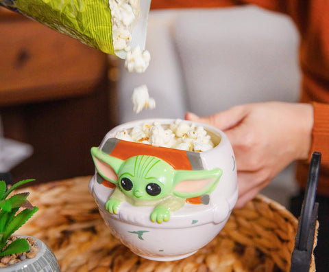 Silver Buffalo Mandalorian Baby Yoda mug on display shelf