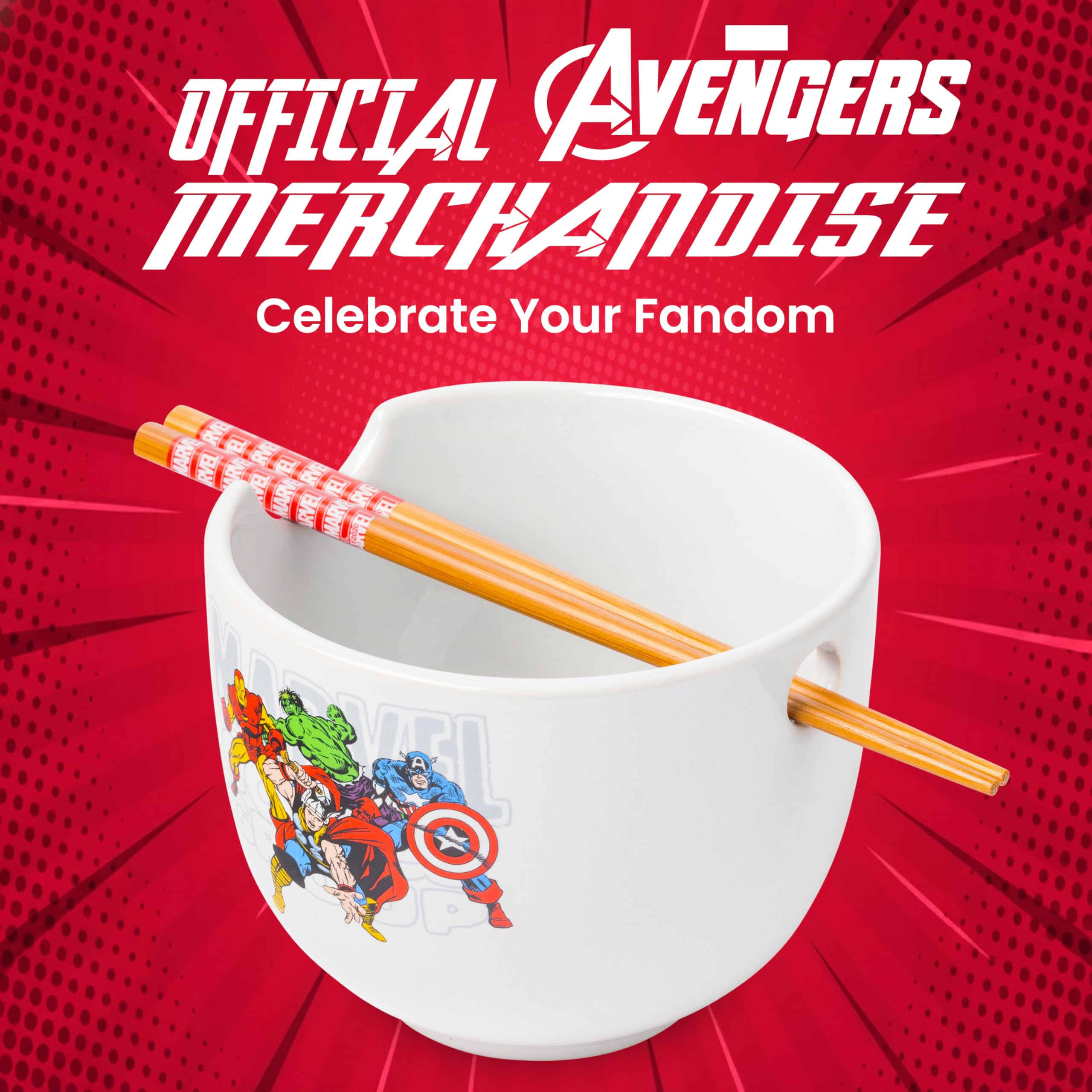 Silver Buffalo Marvel ramen bowl with retro Avengers design for collectible dining.