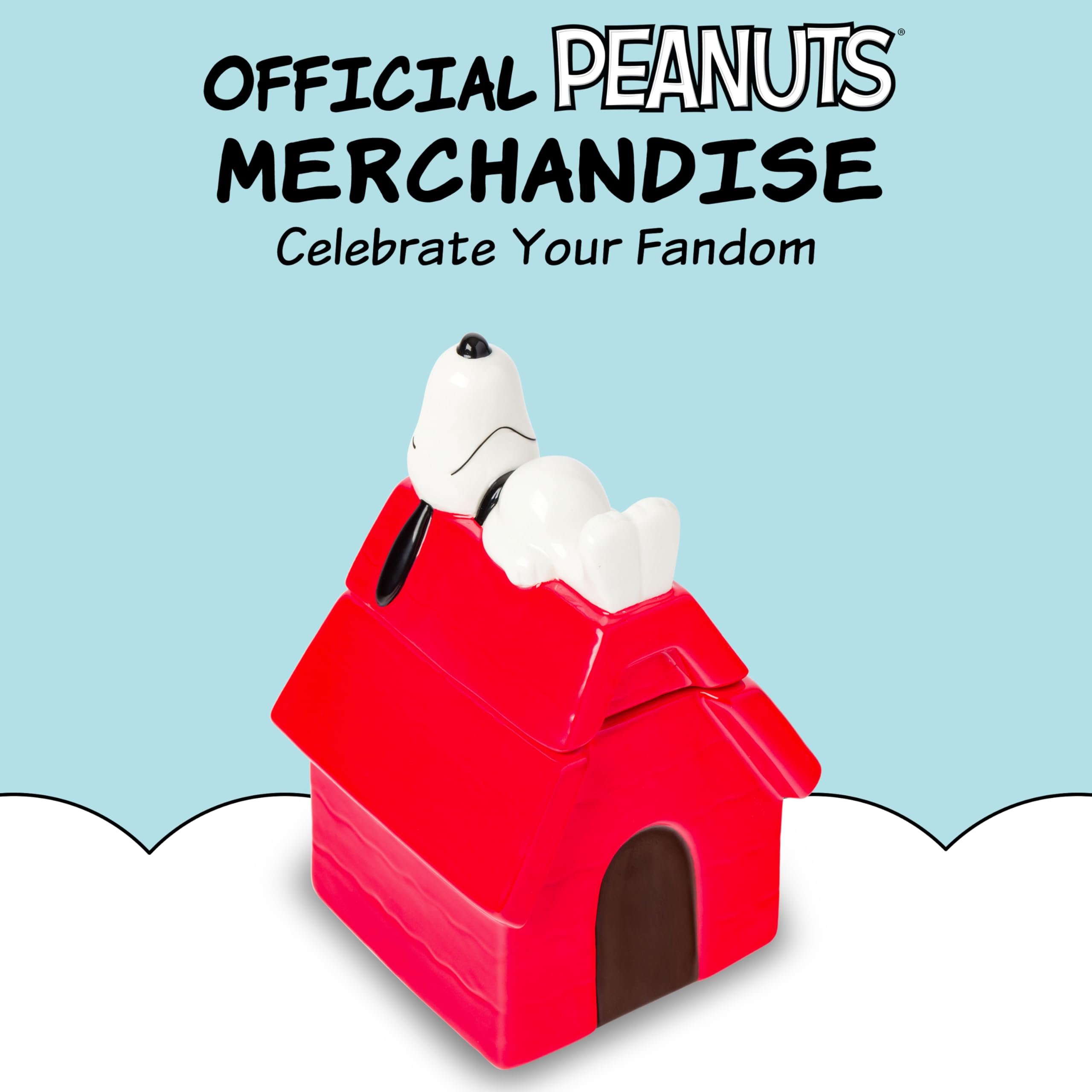 Silver Buffalo Peanuts cookie jar on countertop; perfect gift for Snoopy fans.