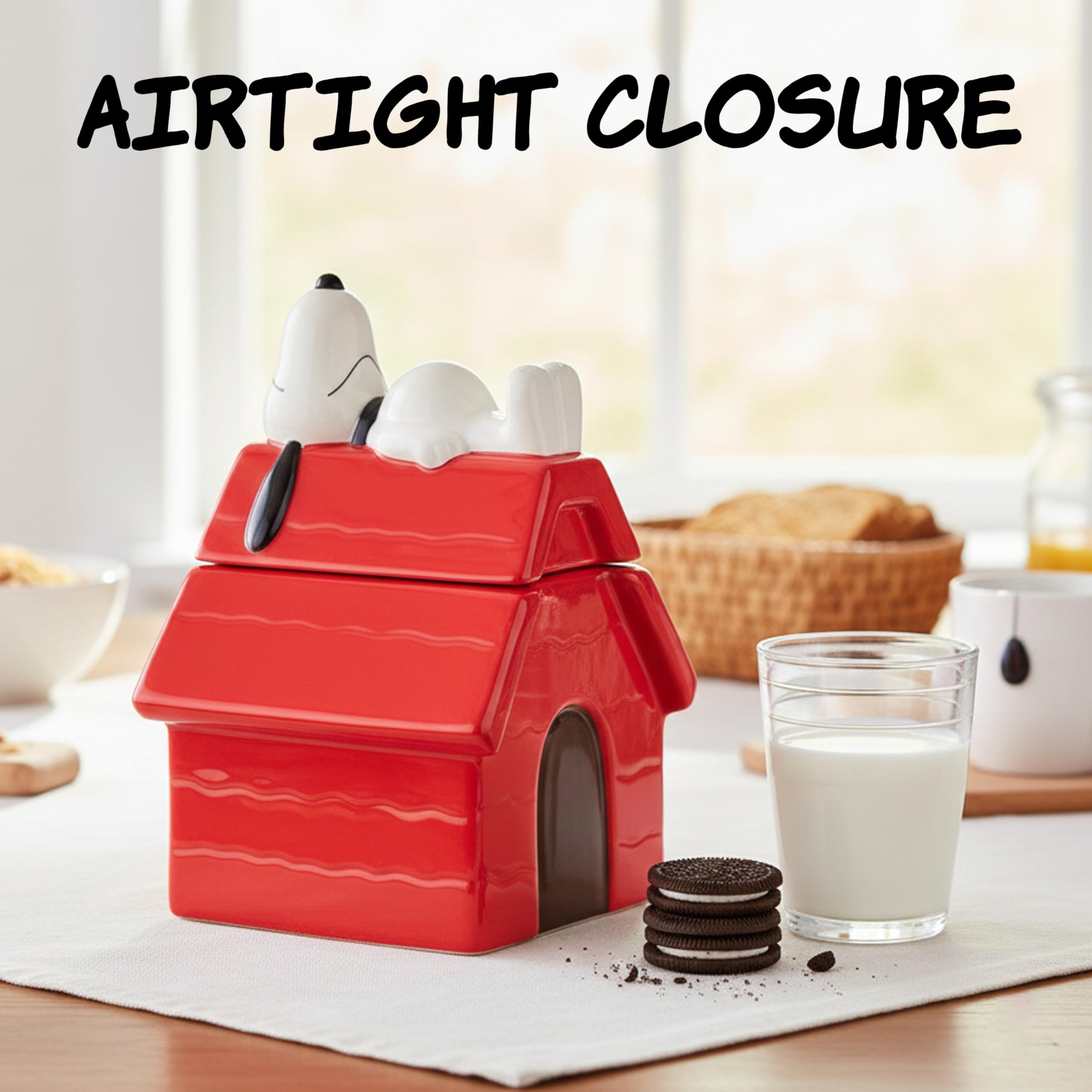 Silver Buffalo Peanuts cookie jar side view Snoopy; retro vibes for kitchen shelves.