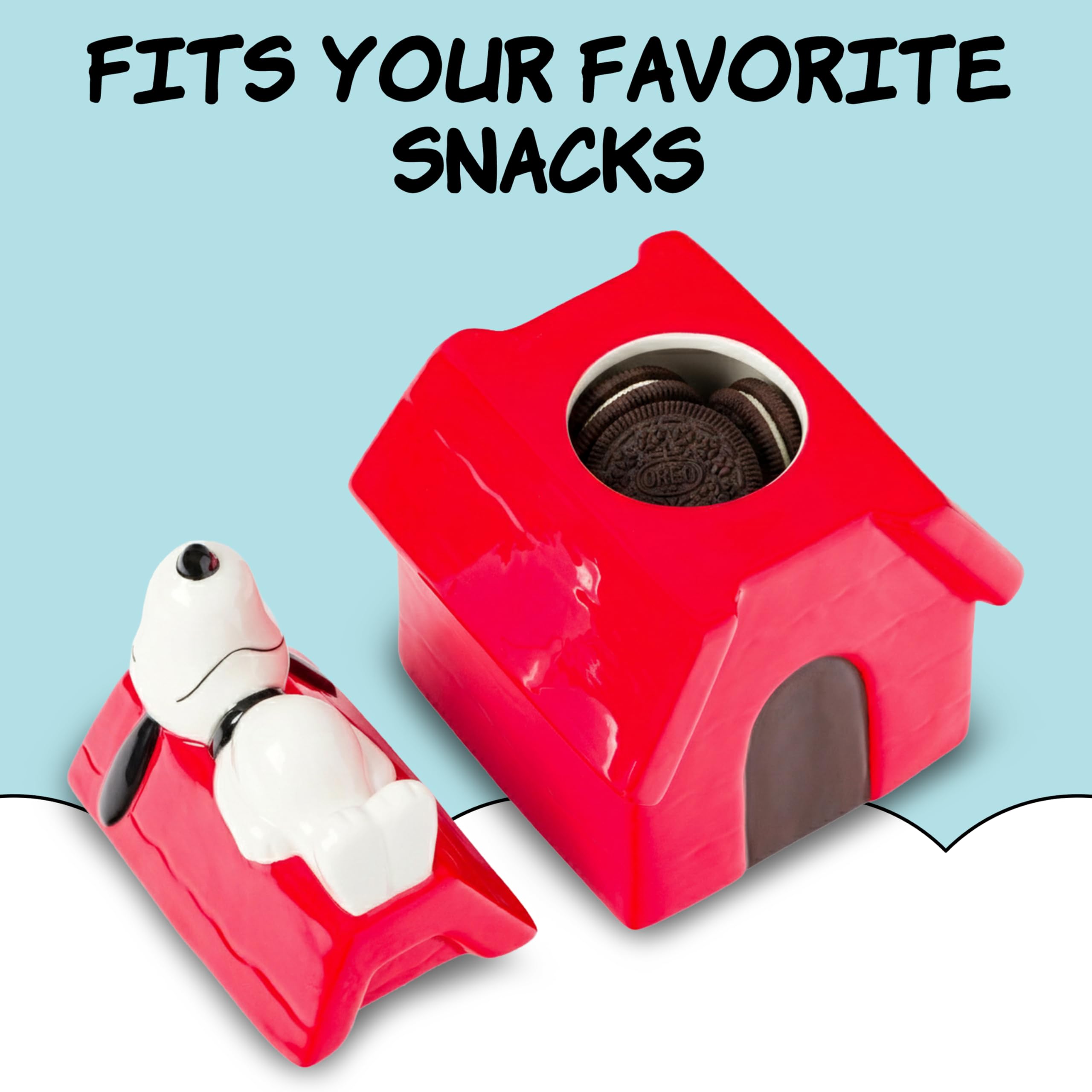 Silver Buffalo Peanuts cookie jar Snoopy figurine detail; charming decor with functional storage.