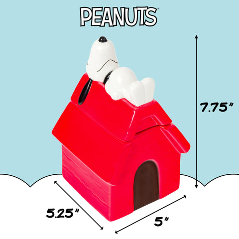 Silver Buffalo Peanuts cookie jar Snoopy house front view; ideal for snacks and display.