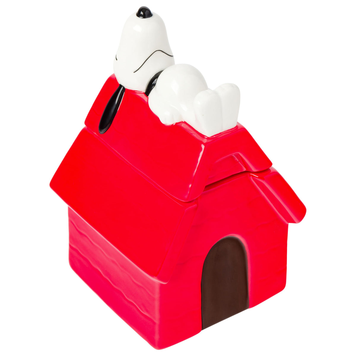 Silver Buffalo Peanuts cookie jar Snoopy house top view; nostalgic centerpiece for cookies.