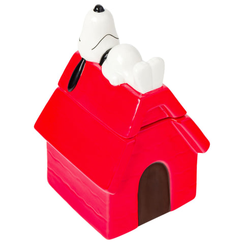 Silver Buffalo Peanuts cookie jar Snoopy house top view; nostalgic centerpiece for cookies.