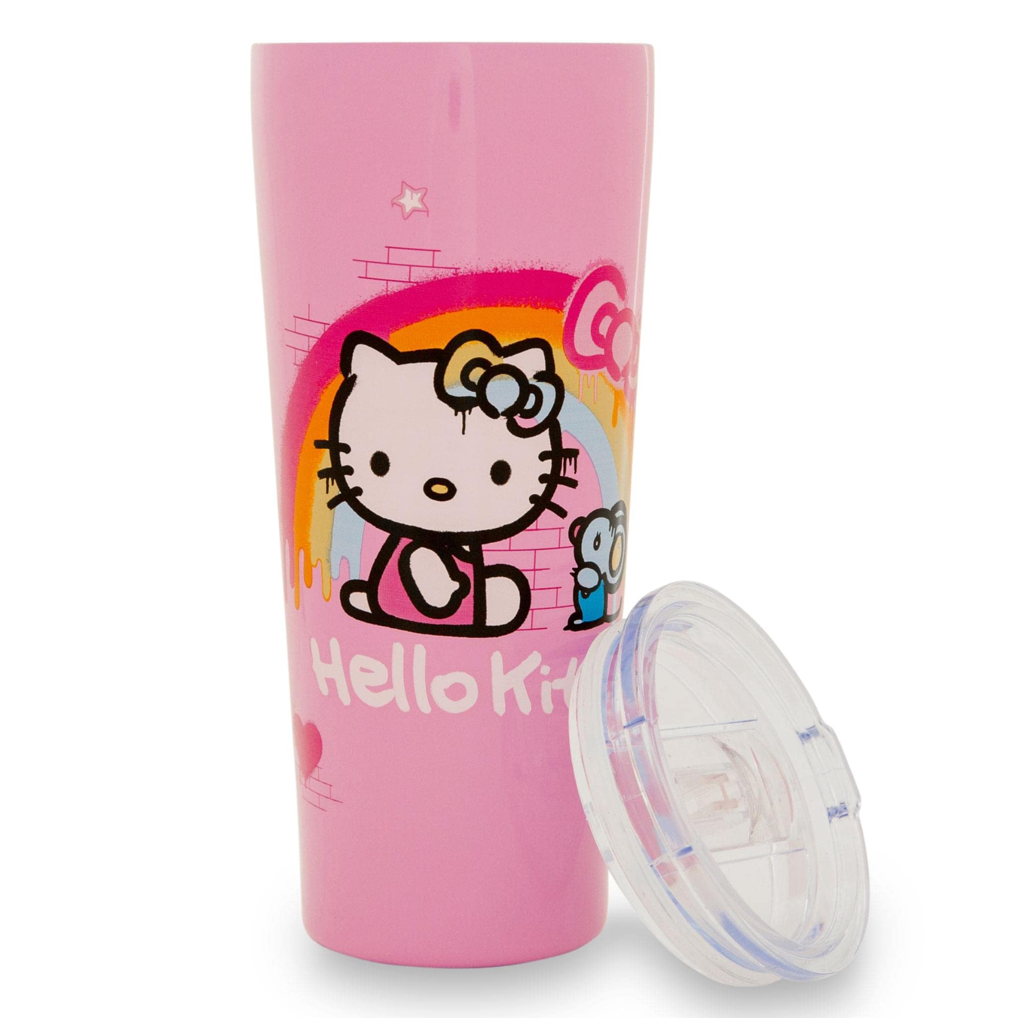 Pink Hello Kitty tumbler with blue straw by Silver Buffalo for stylish sipping.