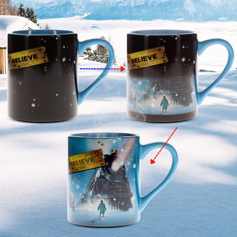 Silver Buffalo heat-reveal mug shows Polar Express scene when hot liquid is added.