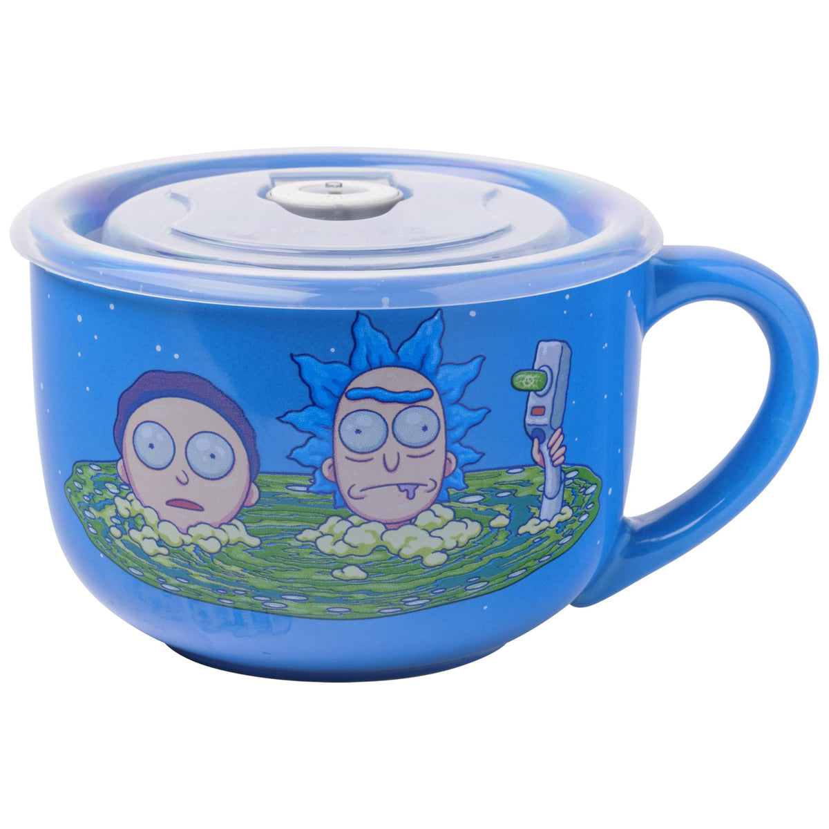 Silver Buffalo Rick and Morty soup mug with vented lid for easy sipping