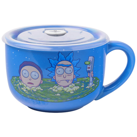 Silver Buffalo Rick and Morty soup mug with vented lid for easy sipping