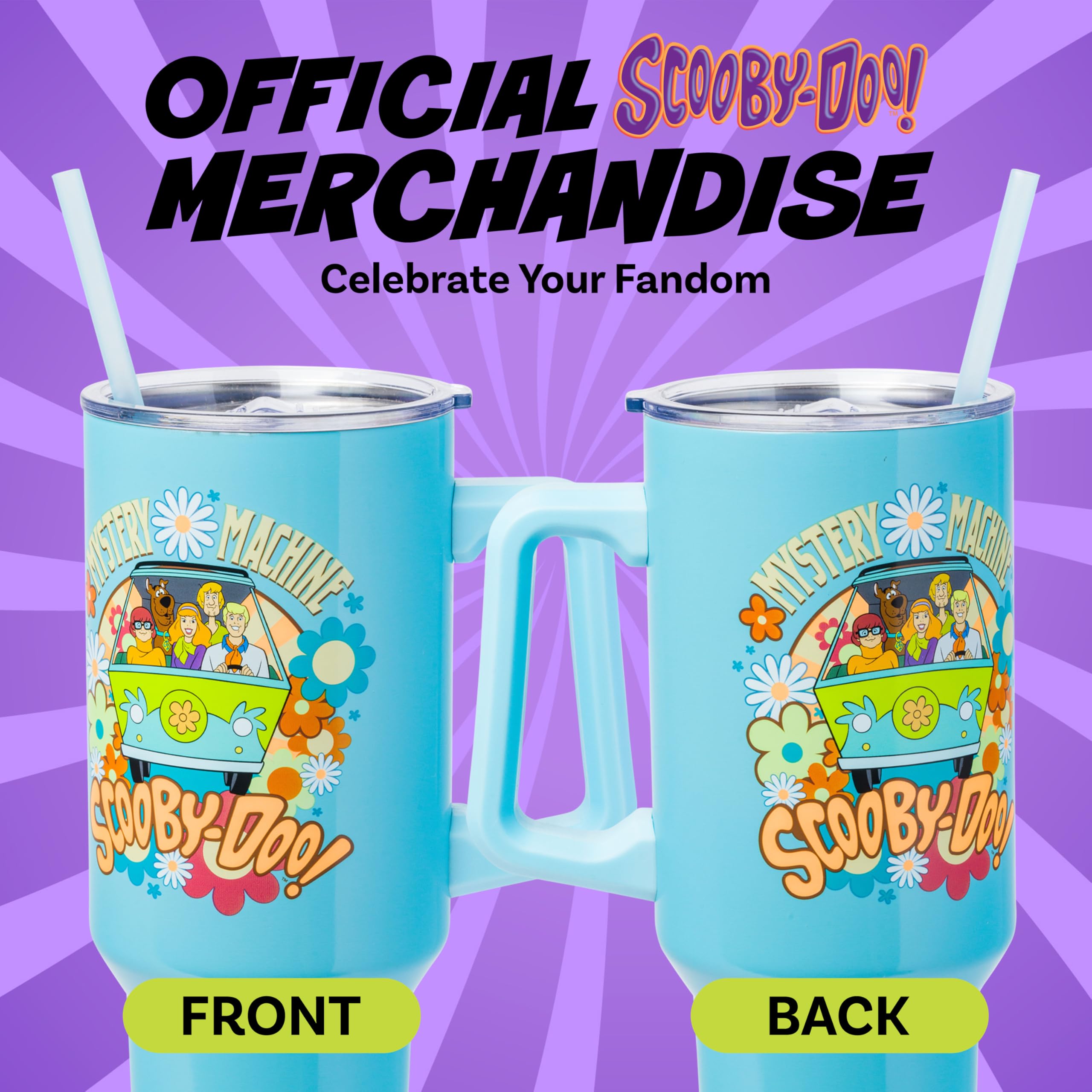 Silver Buffalo Scooby-Doo Mystery Machine tumbler in cup holder fits most vehicles and desks.