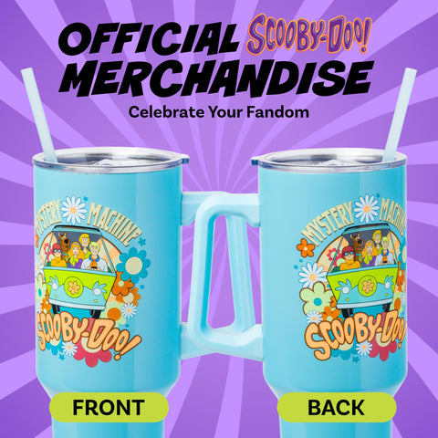 Silver Buffalo Scooby-Doo Mystery Machine tumbler in cup holder fits most vehicles and desks.